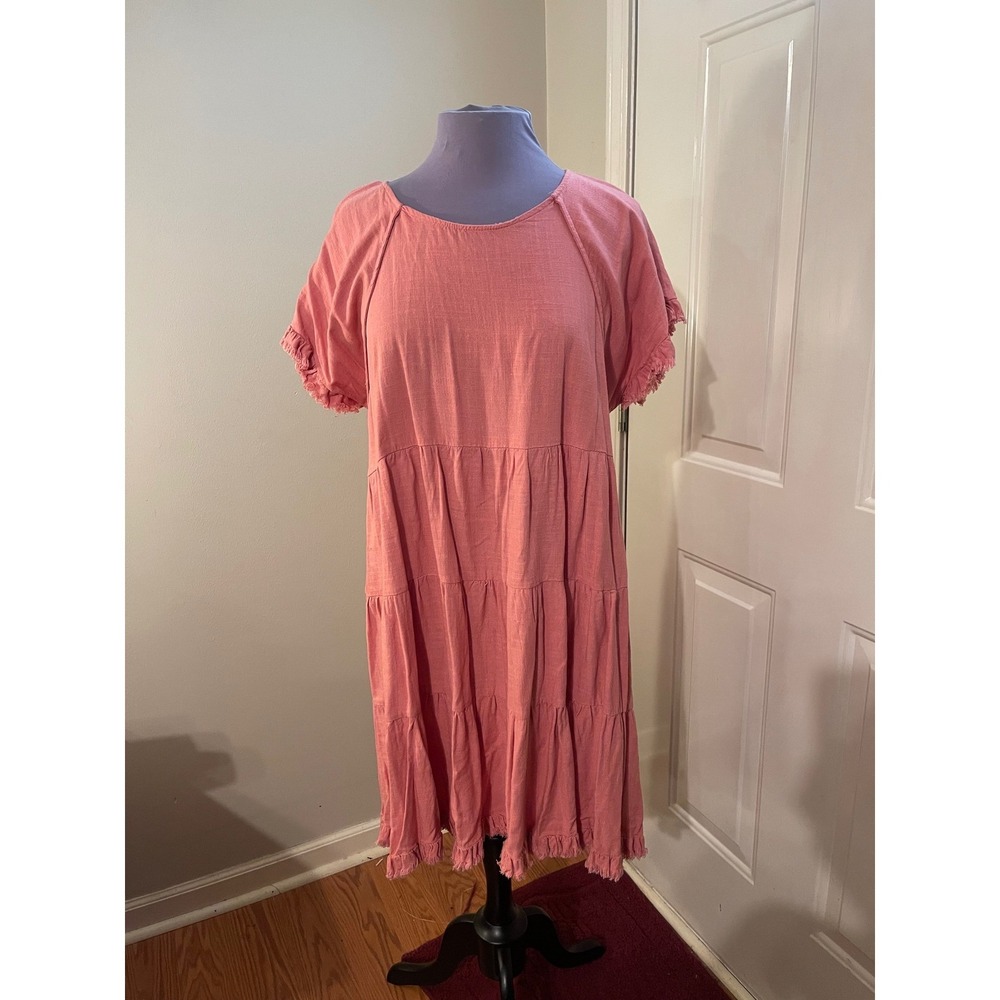 Umgee USA Peachy Pink Linen Blend Large Tiered Knee Length Dress